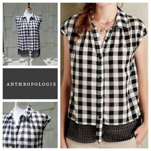 ANTHROPOLOGIE Black White‎ Gingham Lace Trim Sleeveless Button Up Shirt Top